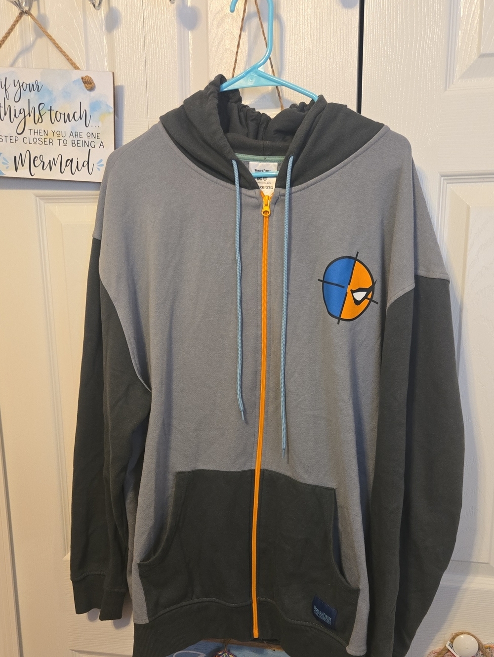 DC Comics Gray & Black Zip Hoodie with Orange Zipper and Blue Accent
